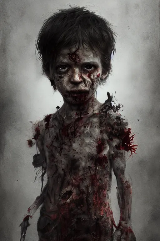 Image similar to A portrait of a zombified young child by Greg Rutkowski, Sung Choi, Mitchell Mohrhauser, Maciej Kuciara, Johnson Ting, Maxim Verehin, Peter Konig, Bloodborne, 8k photorealistic, cinematic lighting, HD, high details, dramatic, dark atmosphere, trending on artstation