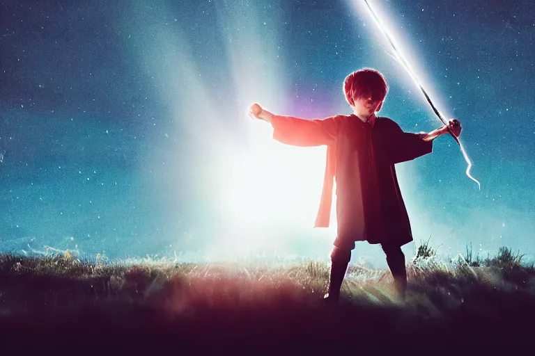 Prompt: a young wizard points their wand, a blast of bright magic flies from the end of the wand, on an empty moonlit moor, dramatic lighting, lens flare, cinematic photography