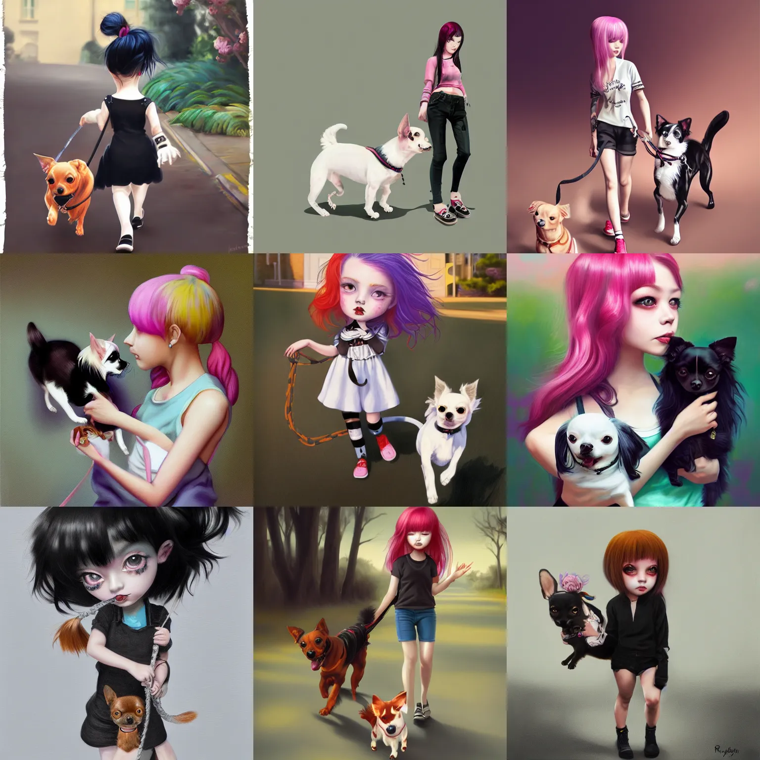 Prompt: an alternative cute girl with colored hair and tattoos walking her chihuahua dog, with a black and white cat, mark ryden, yanjun cheng, artstation hd, intricate details