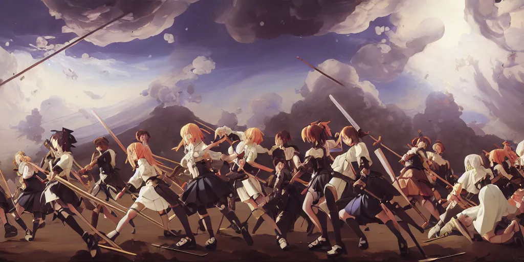 Prompt: baroque oil painting of key visual environment concept art of anime maids fighting a crusade for the anglican church, brutalist, dark fantasy, rule of thirds golden ratio, fake detail, trending pixiv fanbox, acrylic palette knife, style of makoto shinkai studio ghibli genshin impact jamie wyeth james gilleard greg rutkowski chiho aoshima