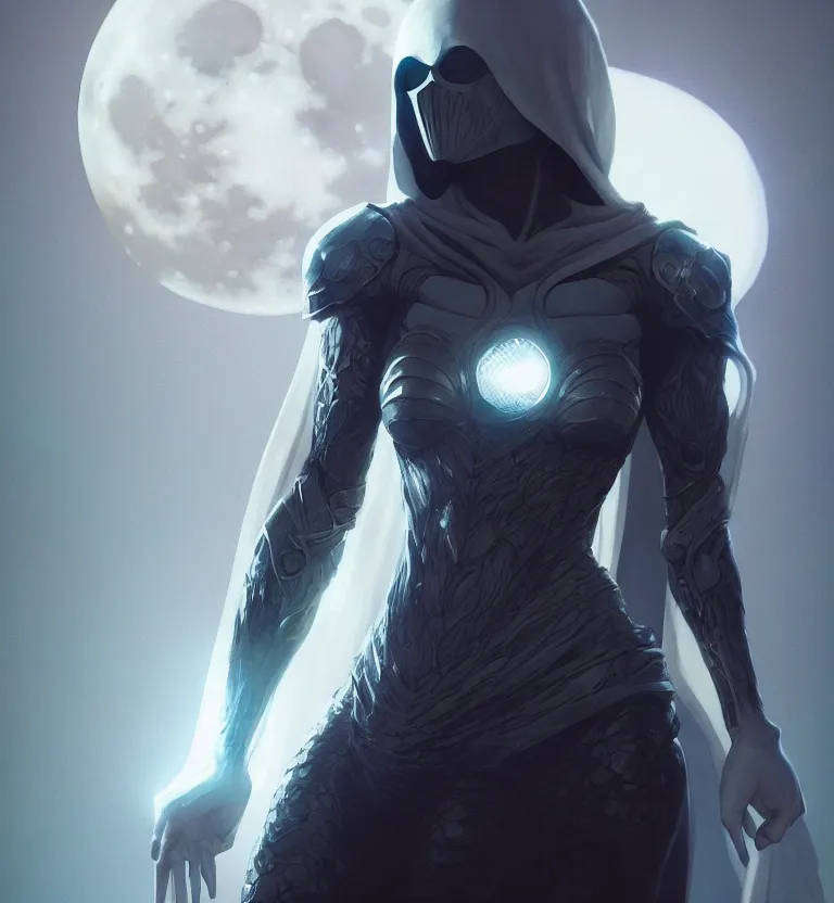 Image similar to female moon knight, hyper detailed, digital art, trending in artstation, cinematic lighting, studio quality, smooth render, unreal engine 5 rendered, octane rendered, art style by klimt and nixeu and ian sprigger and wlop and krenz cushart