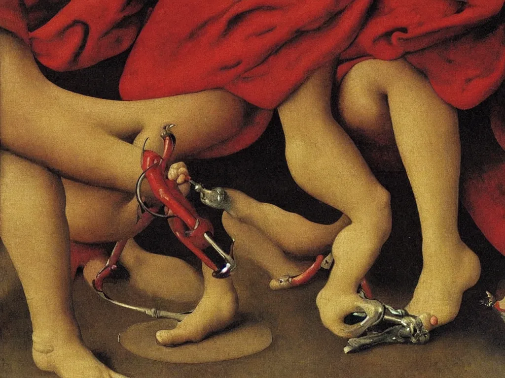 Prompt: close up of a hairy foot squishing painting tubes. painting by jan van eyck, fellix vallotton, yves tanguy, monet