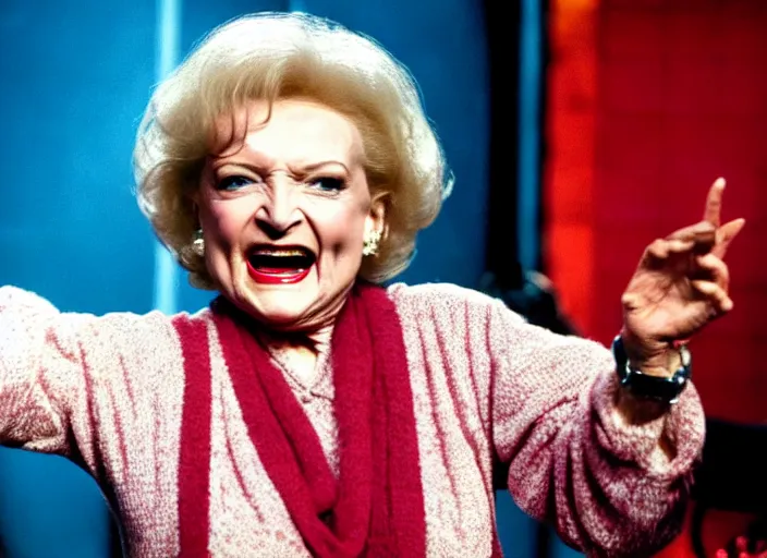 Image similar to publicity photo still of betty white as a gangsta rapper live on stage, 8 k, live concert lighting, mid shot