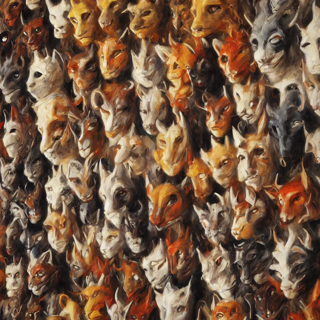 Prompt: a painting of a collection of animal masks hanging on a wall, by julie bell, detailed, concept art, trending on artstation, low light, dramatic