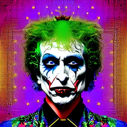 Prompt: baroque bedazzled gothic bedazzled futuristic frames surrounding a pixelsort highly detailed portrait of a colorful maximalist maximalism deocra bob dylan as the joker, a hologram by penny patricia poppycock, pixabay contest winner, holography, irridescent, photoillustration, maximalist vaporwave