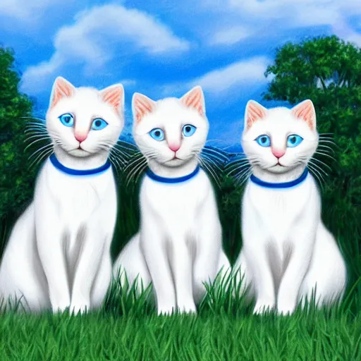 Prompt: color still of a group of cute!! white cats with blue eyes playing, grassy field, high detail, bright sunny day, photorealistic