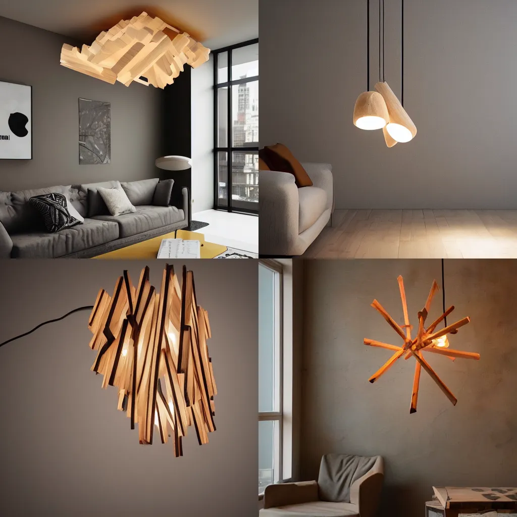 Prompt: a desinger living room lamp, hanging from the ceiling, made from pieces of wood and 3 ledlights, design, hyperrealistic, 8 k