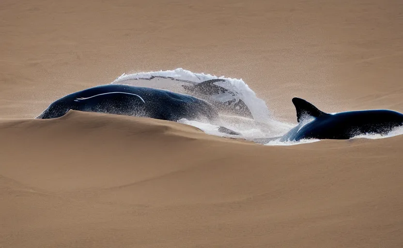 Prompt: giant whale swimming in sand dunes, photography