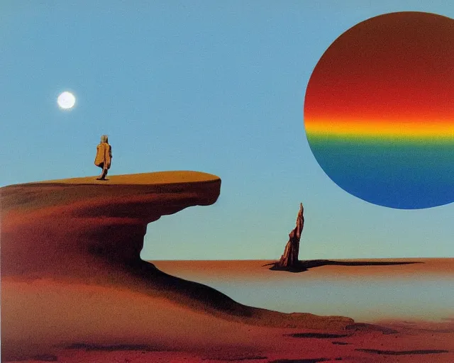 Image similar to roger dean 1 9 8 0 s art of a lone man walking in the dry desert of a strange bizarre alien planet surface lakes reflective clear blue water, rainbow in sky, imagery, illustration art, album art