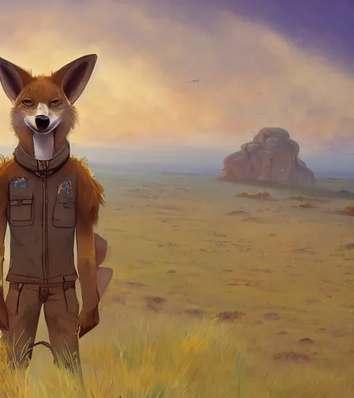 Prompt: stylized three quarters portrait concept art of the anthro anthropomorphic dingo dog head animal person fursona wearing clothes adventurer standing in australia outback, hidari, color page, tankoban, 4 k, tone mapping, akihiko yoshida, clean bright happy