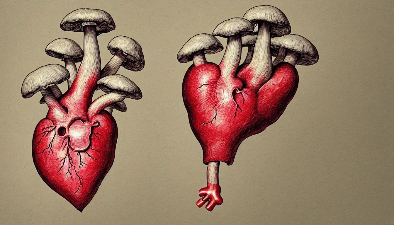 Image similar to a human heart with mushrooms growing out of the valves, anatomically correct drawing