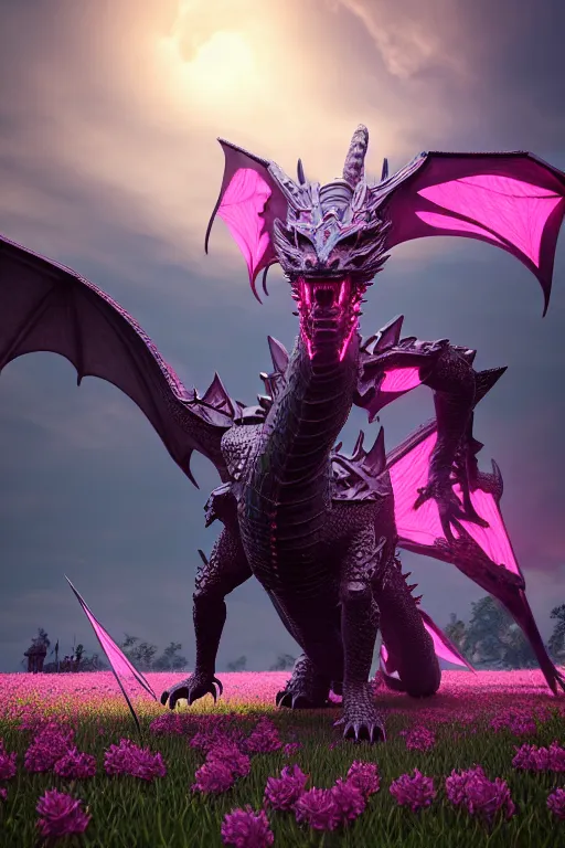 Prompt: high quality 3 d neo - gothic armored human dragon hybrid with sword in a field of pink flowers, highly detailed unreal engine, vitaly bulgarov dramatic dark teal light, ground angle hd 8 k, sharp focus