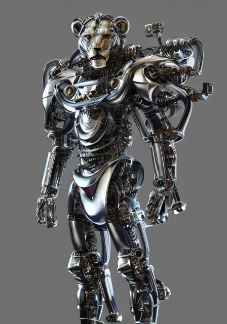 Image similar to complex 3 d render hyper detail portrait of a mechanical lion cyborg, sci fi, full body, intricate, art by kazuhiko nakamura and hajime sorayama, 8 k octane detailed render, post - processing, extremely hyperdetailed, intricate futuristic mechanic parts, maya, dark background, sharp focus, blender, cinematic lighting + masterpiece, trending on artstation