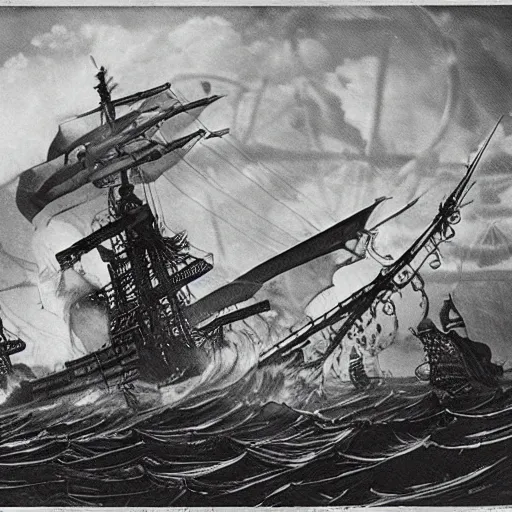 Prompt: an impossibly huge pirate ship, being attacked by a kraken, giant tentacles. 1930s photograph