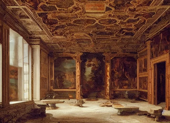 Image similar to a renaissance castle room flooded with water,