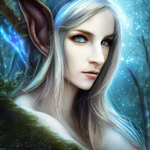 Image similar to masterpiece digital painting realistic portrait of beautiful elf goddess, 3 0 years woman, close face view, soft face, moonlight, elf forest background, at night, by luis royo, artstation, deviantart, unreal engine, 8 k, cinematic lights, dark blue purple tones, aura effects, light sparks