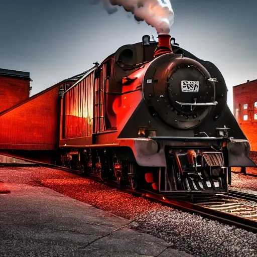 Prompt: train with steam locomotive leaving the station, dramatic cinematic angle and lighting, low angle camera, slow shutter light streaks