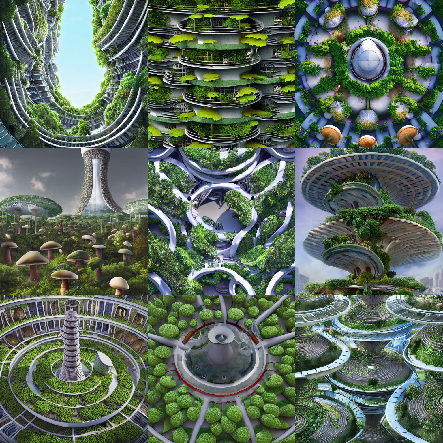 Prompt: matte painting of the bird's eye view of circular mushroom tower. garden balconies. ecofuturistic architecture. dynamic perspective. urban, detailed digital art trending in artstation