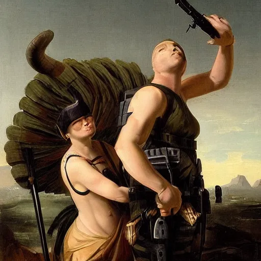 Prompt: a tactical soldier with his back to the viewer, looks up to see a giant woman with horns, neoclassical art