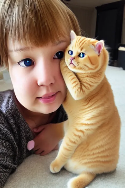 Image similar to a girl is playing with a cute golden shaded british shorthair cat, created by ryo