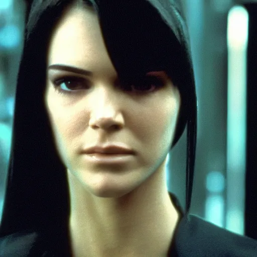 Prompt: a film still of Kendal Jenner starring in The Matrix (1999), close up, shallow depth of field