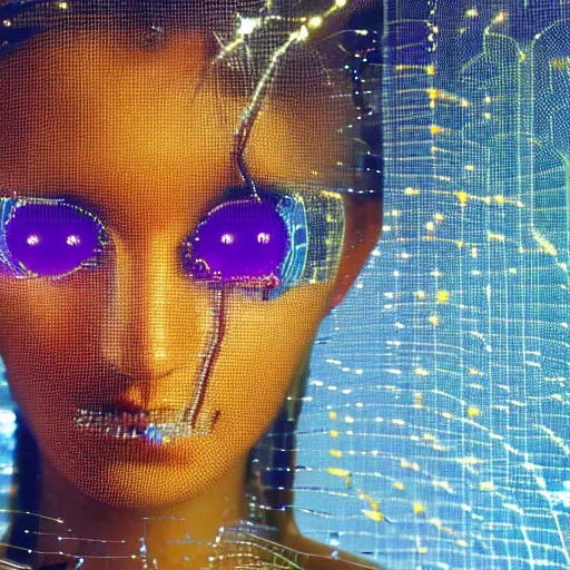 Image similar to woman cyborg, led display on forehead, wires, glitched, pixel sorting, mimmo rotella, alan bean, john chamberlain, peter kemp