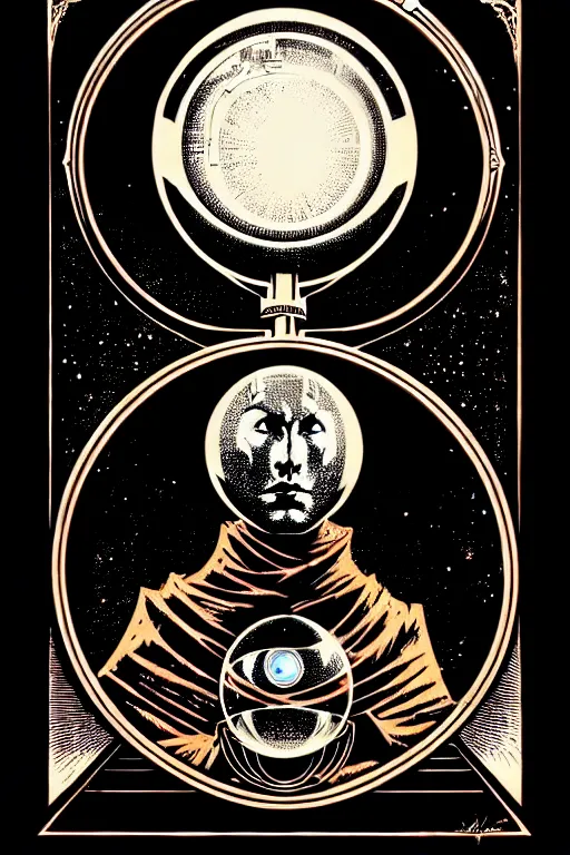 Image similar to cloaked steampunk wizard looking into a crystal ball, high details, intricately detailed, by vincent di fate, inking, 3 color screen print, masterpiece, trending on artstation,, sharp, details, hyper - detailed, hd, 4 k, 8 k