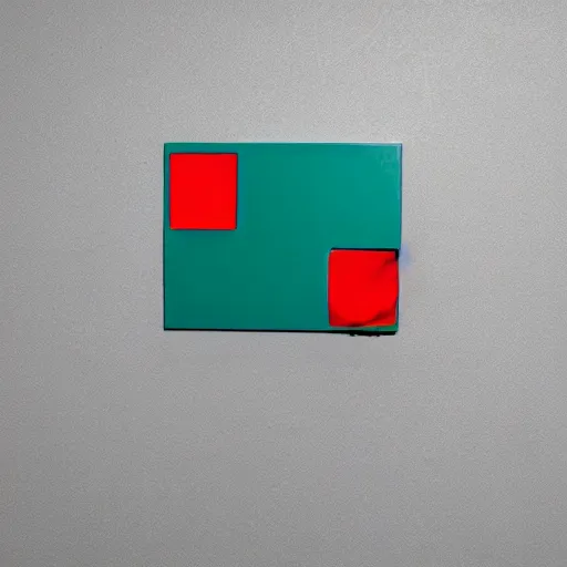 Image similar to red box on a blue box under a green box on a white background, studio