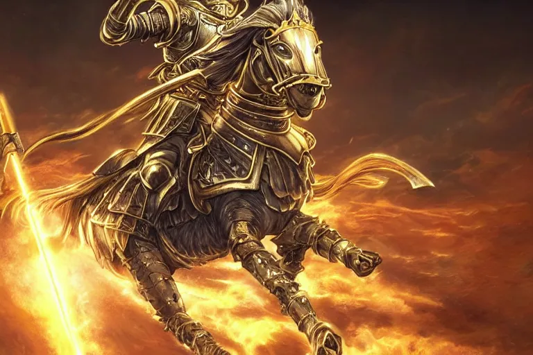 Image similar to an ultra detailed portrait of king richard the lionhearted as a shonen anime protagonist charging into battle wearing bright gold armor and riding a horse bless by god, 8 k, volumetric lighting, smooth, highly detailed, digital illustration, art by kentaro miura and akira toriyama and artgerm