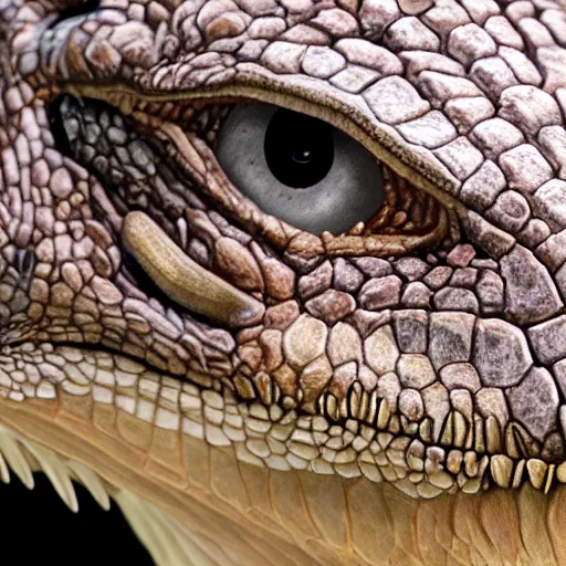 Prompt: close up of a velociraptor's face with izard skin