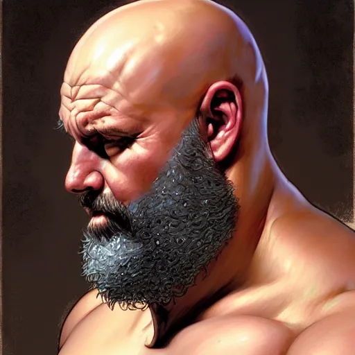 Prompt: Chunky Ethan Van Sciver as a Greek god, bald head, grey beard, gorgeous, amazing, muscular, fat, intricate, highly detailed, digital painting, artstation, concept art, sharp focus, illustration, art by greg rutkowski and alphonse mucha