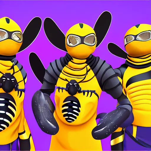 Image similar to a team of bee ninjas, hyperrealistic, digital art, 4 k