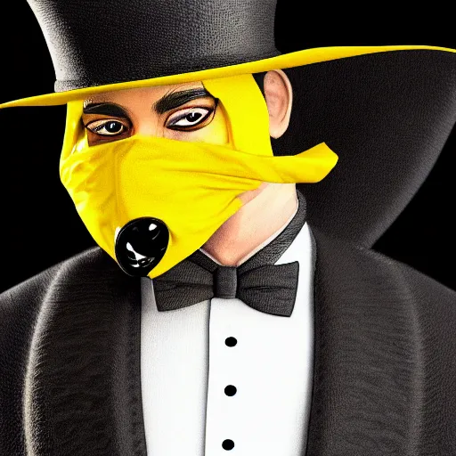 Image similar to a highly detailed portrait of a man in a high top hat covering his face, in a black tailcoat with a yellow waistcoat under the tailcoat, artstation, deviantart, professional, unreal engine 5, photorealistic