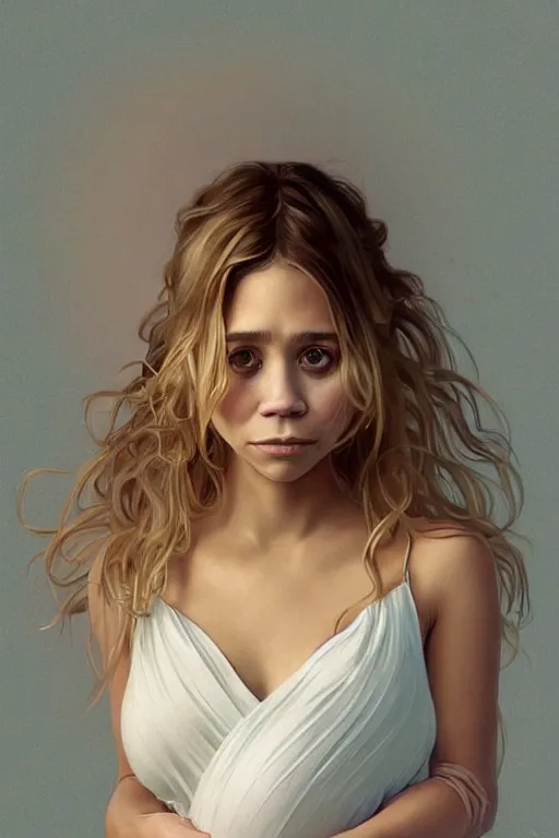Prompt: pregnant ashley olsen in a thin white dress, realistic portrait, symmetrical, highly detailed, digital painting, artstation, concept art, smooth, sharp focus, illustration, cinematic lighting, art by artgerm and greg rutkowski and alphonse mucha