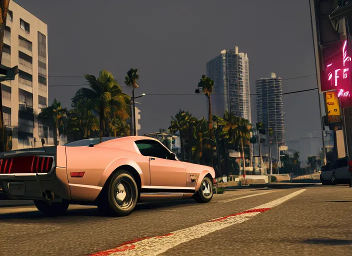 Prompt: still next - gen ps 5 game grand theft auto 6 2 0 2 4 remaster, graphics mods, rain, red sunset, people, rtx reflections, gta vi, miami, palms and miami buildings, photorealistic screenshot, unreal engine, 4 k, 5 0 mm bokeh, close - up ford mustang, gta vice city remastered, artstation