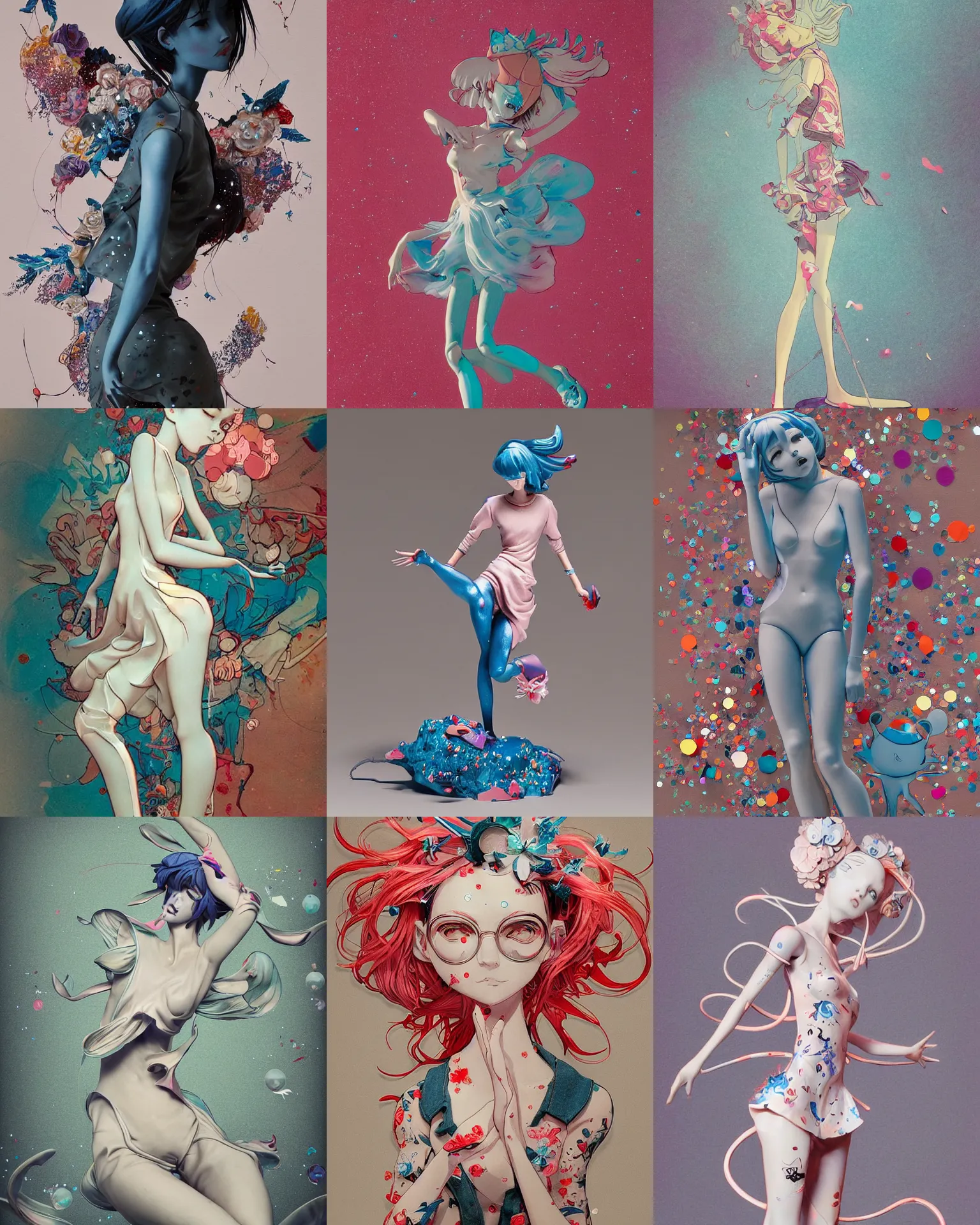 Prompt: james jean isolated vinyl figure cheerful tomboy, expert figure photography, dynamic pose, interesting color palette material effects, glitter accents on figure, anime stylized, accurate fictional proportions, high delicate defined details, ethereal lighting