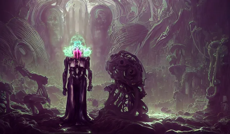 Image similar to muted ombre matte painting beautiful sinister alabaster neogothic skullpunk spirit doctor, tending to the iridescent enchanted intergalactic mecha garden, man machine chimeric beholder polyphemous power crystals psychotropic frequencies singularity artgerm wlop james jean andrei riabovitchev marc simonetti yoshitaka amano artstation, cgsociety