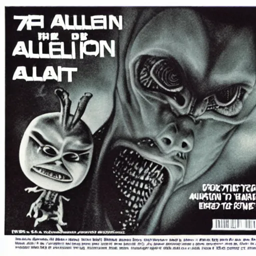 Prompt: 70s magazine scan of an horror movie with alien