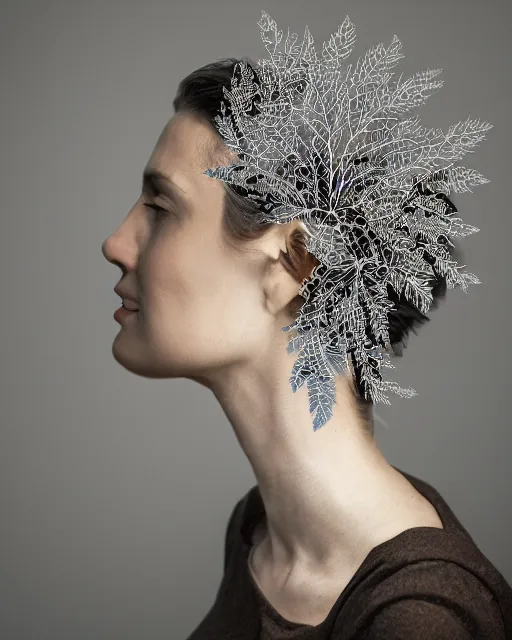 Prompt: a woman's face in profile, wearing a vintage motorcycle helmet made of recursive intricate delicate leaf skeleton, in the style of the dutch masters and gregory crewdson, dark and moody