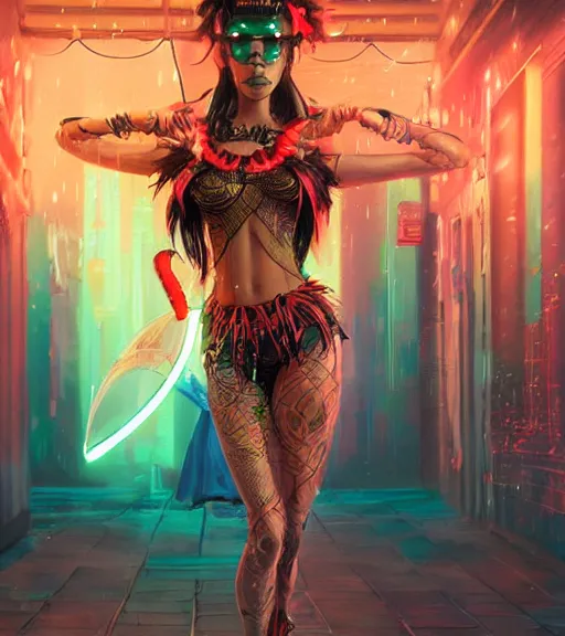 Prompt: An epic fantasy comic book style portrait painting of a very beautiful cyberpunk Hula Dancer in the rain, neon reflections, character design by Mark Ryden and Pixar and Hayao Miyazaki, unreal 5, DAZ, hyperrealistic, octane render, cosplay, RPG portrait, dynamic lighting, intricate detail, summer vibrancy, cinematic