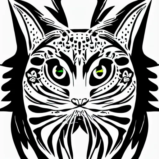 Image similar to tattoo sketch of a cat with one eye, monstera, on a canva, organic ornament, minimalism, line art, vector