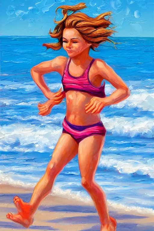 Prompt: oil painting detailed girl running on the beach and shoreline painted by jeremiah ketner and James Gurney