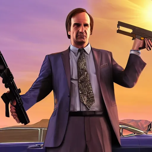 Prompt: saul goodman standing in the sun holding a smg gun, grand theft auto 5 artwork