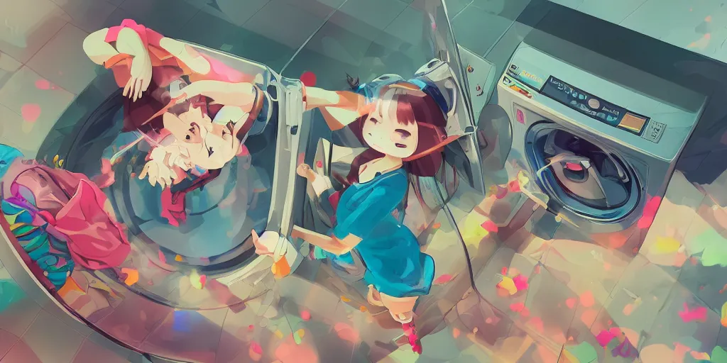 Prompt: extreme kawaii girl doing laundry, epic digital art illustration, wide angle, masterpiece, dynamic perspective, anatomy skills, outstanding detail, illustration, colorgrading, LUTs, | 28mm |, great composition