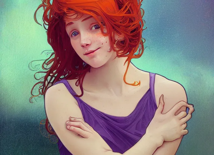 Image similar to portrait of a beautiful smiling girl with orange hair and freckles, green eyes, highly detailed, digital painting, concept art, smooth, sharp, focus, background is purple, trending on deviantart, alphonse mucha, WLOP