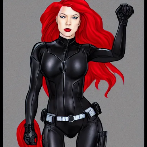 Image similar to Black Widow, black jump suit, red hair, portrait, realistic proportions, smile, marvel comics, superheroine, concept art, realistic