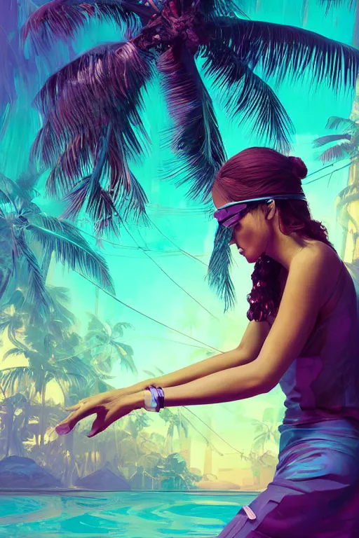 Prompt: epic 3 d abstract 🇵🇷 headset hacker, spinning hands and feet, 2 0 mm, plum and teal peanut butter melting smoothly into asymmetrical coconut palm trees and mangroves, thick wires, liquid cooling, beautiful code, houdini sidefx, trending on artstation, by jeremy mann, ilya kuvshinov, jamie hewlett and ayami kojima
