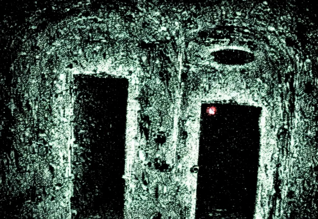 Image similar to a film still of a mysterious portal into a horrifying universe, scifi, horror, photo, nightmare, found footage, film grain, creepy