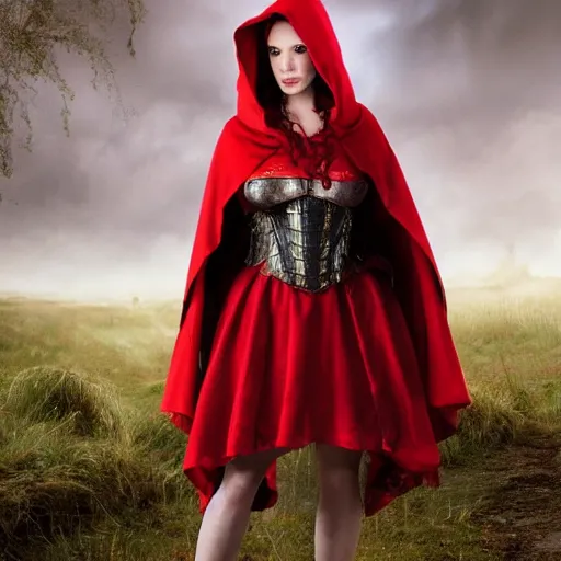 Prompt: full body photo red riding hood christina hendricks armoured warrior, highly detailed, 4k, HDR, award-winning photo