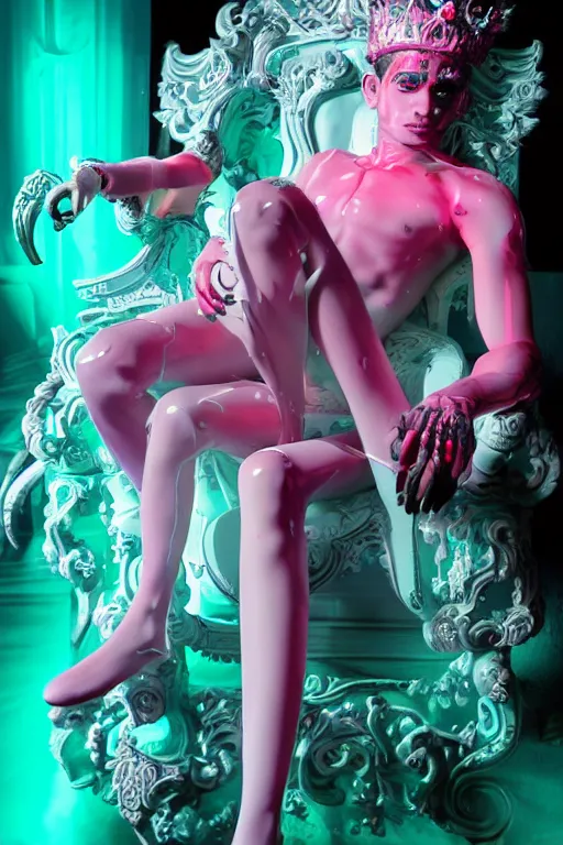 Prompt: full-body rococo and cyberpunk style neon statue of a young attractive Zayn Malik macho dotado e rico android sim roupa reclining con las piernas abertas e la piroca dura, ethereal white dripping tar, glowing orange lasers, pink tigers, glowing eyes, silver prince crown, black gears, pink diamonds, swirling mint-colored silk fabric. futuristic elements. full-length view. human skulls. large intricate artwork by caravaggio. Trending on artstation, octane render, cinematic lighting from the right, hyper realism, octane render, 8k, depth of field, 3D